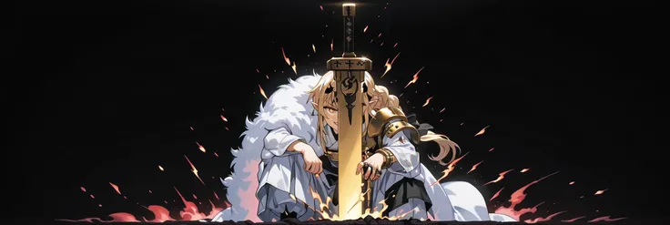 A short, solitary male character, a young teenager, about 1.5 meters tall. He stands alone against a deep black background, making him stand out vividly. His physique, face, and height are exactly like Lloyd de Saloum.
He has long blond hair, styled exact...