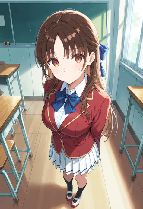 Masterpiece, hd, best quality, 1girl, kiyotaka_ayanokouji, long hair, hair bow, brown hair, medium breasts , bangs, parted bangs, school uniform, red blazer, blue bowtie tie, shirt, white pleated skirt, collared shirt, looking at viewer, standing, indoor,...