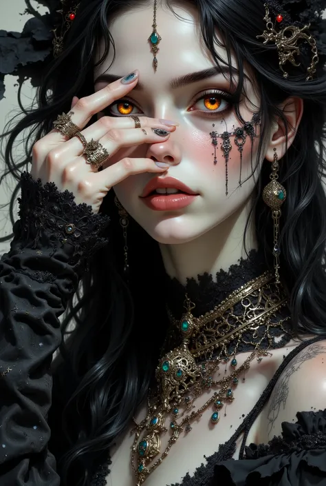 (Amazing Extraordinary Dreams: 3.5) The photo depicts a powerful Gothic witch whose face is decorated with that elegant hand, mysterious. She had slender white fingers, wearing several silver magic rings on her fingers, and was set with dark gems such as a...