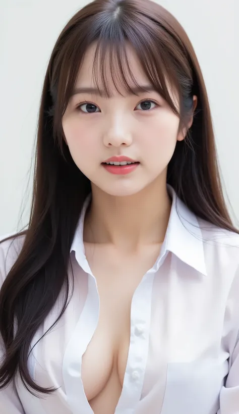 実写、shot with a Canon EOS R5, 50mm lens, f/2.8 apertur、(masterpiece,best quality:1.4)、detailed breast、Japanese idol、最高品質、超高解像度、8K、Full Body Shot、明るい部屋、椅子に座る、Emphasize the cleavage、濃い茶髪、セミロングヘア、さらさらの髪質、medium-sized breasts、white dress shirt, naked shirt,clea...