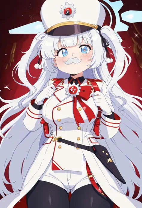 masterpiece, best quality, solo, curvy, beautiful eyes, narrow waist, wide hips, 1girl, solo, smile, looking at viewer,  zzCherino, blue eyes, white hair, long hair, two side up, halo, aged up, large breasts,   ribbon, shako cap, fake mustache white coat, ...
