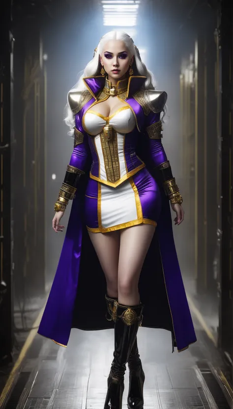 Important (20 year old noble woman, thight high boots, stockings, purple and gold priest uniform, warhammer 40 000 theme):
Scene (space ship corridor):
Character Face (bad look, sad, sleepless, goth makeup):
Character Body (white skin, fit, oiled skin, swe...
