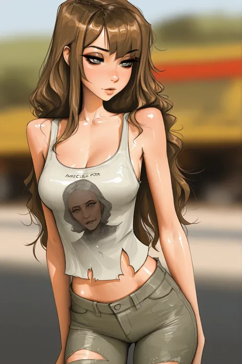 Michelle Trachtenberg, 20 year old woman,  1girl, skinny, short brown hair, gray greenish eyes, eyeliner,   seductive, torn up baggy jeans, , sam yang, shirow masamune art style, masterpiece, best quality, very aesthetic, movie quality, depth of field, sof...