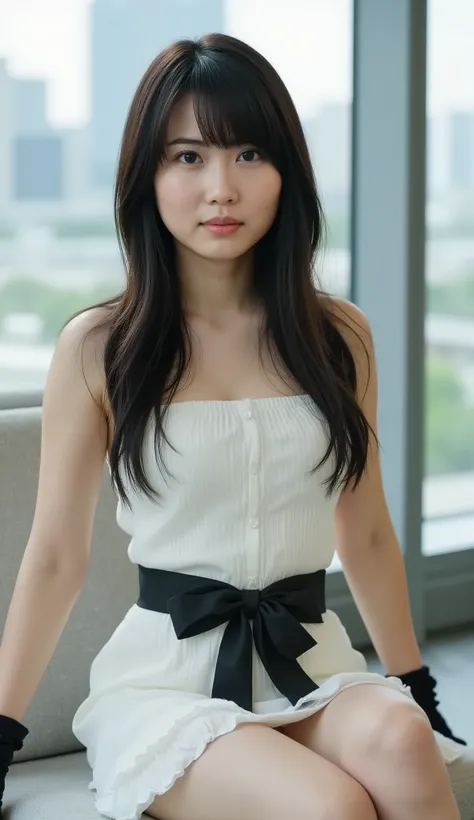 live-action、shot with a Canon EOS R5, 50mm lens, f/2.8 apertur、(masterpiece,best quality:1.4)、Highest Quality、ultra high res、8K、bright room、chair in the building on the edge、front view、Full body photo、Smile Yan、black haired 、straight semi-long、shiny hair、h...