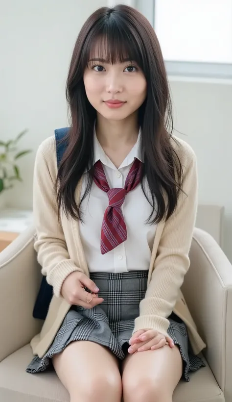 live-action、shot with a Canon EOS R5, 50mm lens, f/2.8 apertur、(masterpiece,best quality:1.4)、Highest Quality、ultra high res、8K、bright room、chair in the building on the edge、front view、Full body photo、Smile Yan、black haired 、straight semi-long、shiny hair、h...