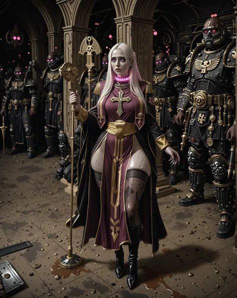 Important (Cassia from game Rogue Trader, 20 year old noble woman, thight high boots, stockings, purple and gold long priest uniform, warhammer 40 000 theme):
Scene (space ship corridor):
Character Face (sad look, sad, sleepless, goth makeup, red glowing e...