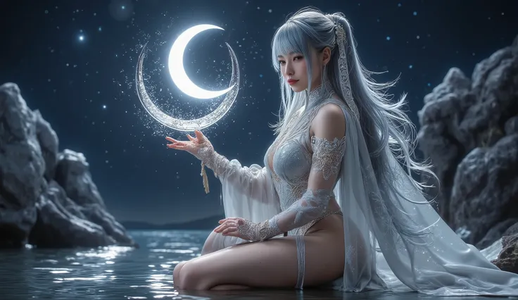  as if it were in a mysterious and beautiful fantasy world {x} The picture shows a female character full of fantastic colors， und ist als anthropomorphe "Moon guardian" gestaltet 。 The scepter is shaped like a curved moon ， shimmers in moonlight ， It creat...