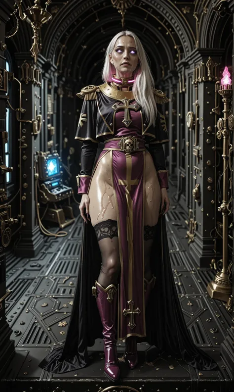 Important (Cassia from game Rogue Trader, 20 year old noble woman, thight high boots, stockings, purple and gold long priest uniform, warhammer 40 000 theme):
Scene (space ship corridor):
Character Face (sad look, sad, sleepless, goth makeup, red glowing e...