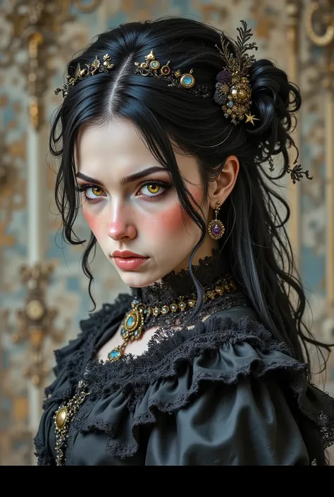 black hair, makeup, serious, scowl, jitome, disdain, surrealism, Realism, pillarboxed, from behind, 8k, super detail, super detail, high quality, highres icon, best quality, 16k, high details, UHD
A princess with long dark hair with a side hairstyle and...