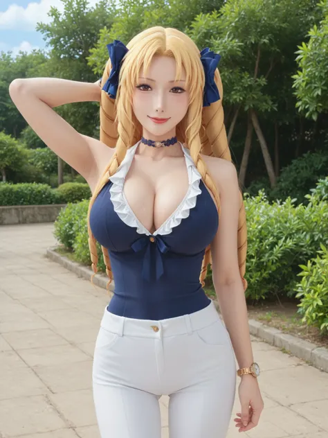 Highest Quality,masterpiece,watch viewers,Soft Touch,Delicate Body Curves,Realistic Human Body,Armpit,sweat,anime screencap anime coloring, anime,  masterpiece, anime style, Luviazelita Edelfelt, long hair, brown eyes, hair bow, Blonde, drill hair, huge br...