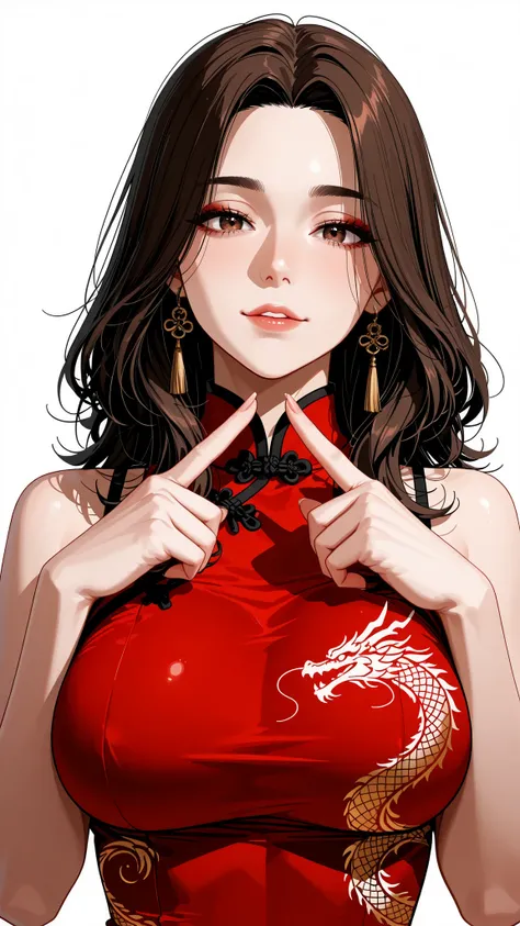 the golden ratio, proper composition,beautiful illustration, (obra-prima, detalhado:1.2), maiorix,score_9, score_8_acima, score_7_acima, score_6_acima, score_5_acima, uma garota, peito enorme,  red Chinese dress with dragon print,  five anatomically correc...