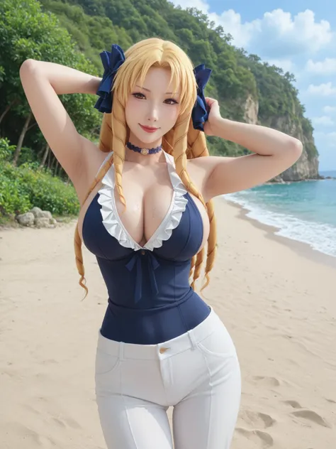 Highest Quality,masterpiece,watch viewers,Soft Touch,Delicate Body Curves,Realistic Human Body,Armpit,sweat,anime screencap anime coloring, anime,  masterpiece, anime style, Luviazelita Edelfelt, long hair, brown eyes, hair bow, Blonde, drill hair, huge br...