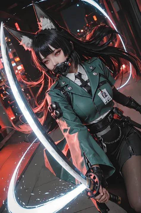 masterpiece, best quality, very aesthetic, newest, (realistic:0.4), usnr, 7481llu, (photorealistic:0.3), (flat color:1.1), lineart, 
1girl,miyabi (zenless zone zero), red eyes, white pupils, black hair, very long hair, blunt bangs, fox ears, animal ear flu...