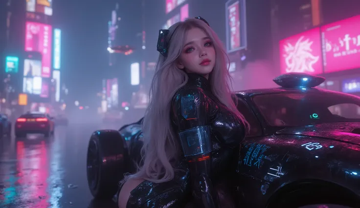 
(Masterpiece), (best quality), ultra-detailed, photorealistic, 8K resolution, cinematic daylight and neon atmosphere

A full-body hyperrealistic cyberpunk portrait of a stunning young gothic woman in a sleek black latex bodysuit, standing in a dramatic po...