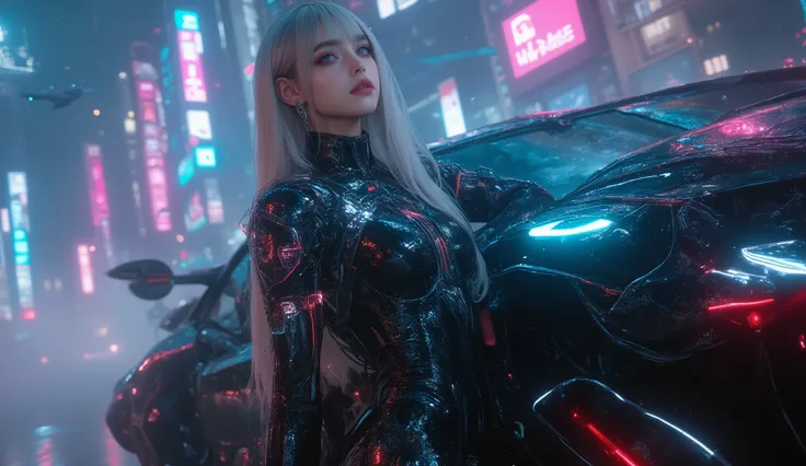 
(Masterpiece), (best quality), ultra-detailed, photorealistic, 8K resolution, cinematic daylight and neon atmosphere

A full-body hyperrealistic cyberpunk portrait of a stunning young gothic woman in a sleek black latex bodysuit, standing in a dramatic po...