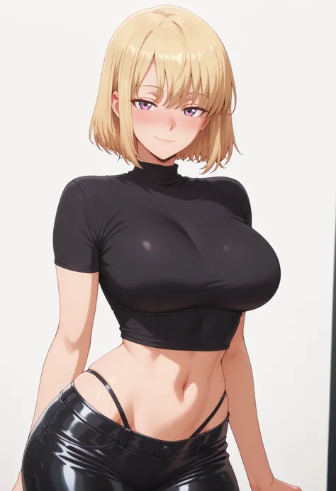 masterpiece, best quality, amazing quality, 1girl, solo, looking at viewer, blushing,, mature girl,side view, light smile, seductive, short hair, blonde hair, purple eyes, , ,bubble breasts, seductive twist, exaggerated voluptuous figure with impossibly la...