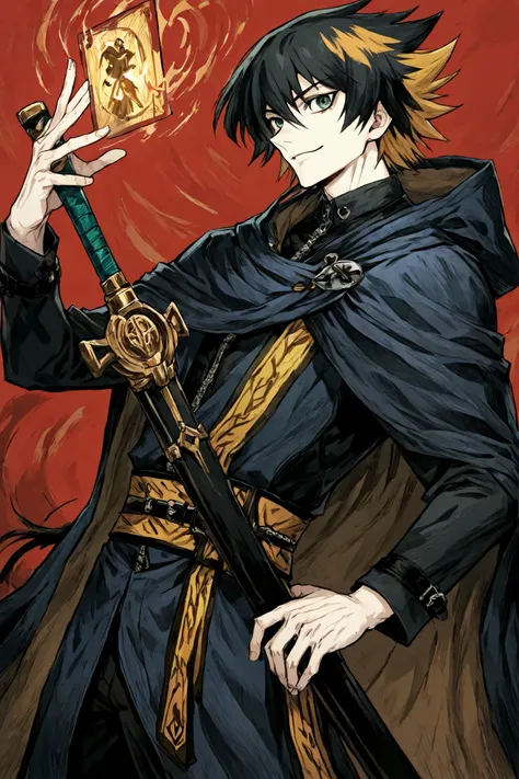 gothic art,jadenyuki,1Boy, tall, handsome, with fair skin and green eyes, short black-dyed blond hair, black hair with blond roots, cut, deep blue clothes with red backgrounds, wearing a cloak with a hood, carrying on his back a large sword wrapped in a sa...