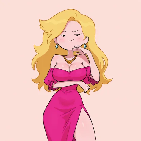 masterpiece, ultra-HD, impressionism, high detail, best quality, very aesthetic, 8K, best quality, beautiful, ultra-high resolution, 32K UHD, adventure time, 1girl, solo, long wavy blonde hair, dot eyes, eyelashes, big breasts, narrow waist, wide hips, thi...