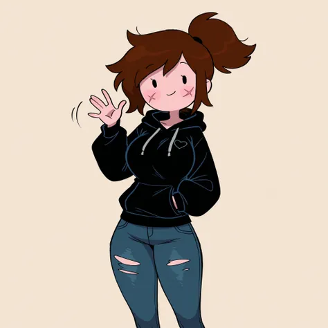 masterpiece, ultra-HD, impressionism, high detail, best quality, very aesthetic, 8K, best quality, beautiful, ultra-high resolution, 32K UHD, adventure time, 1girl, solo, short messy brown hair, ponytail, dot eyes, eyelashes, scars, big breasts, narrow wai...