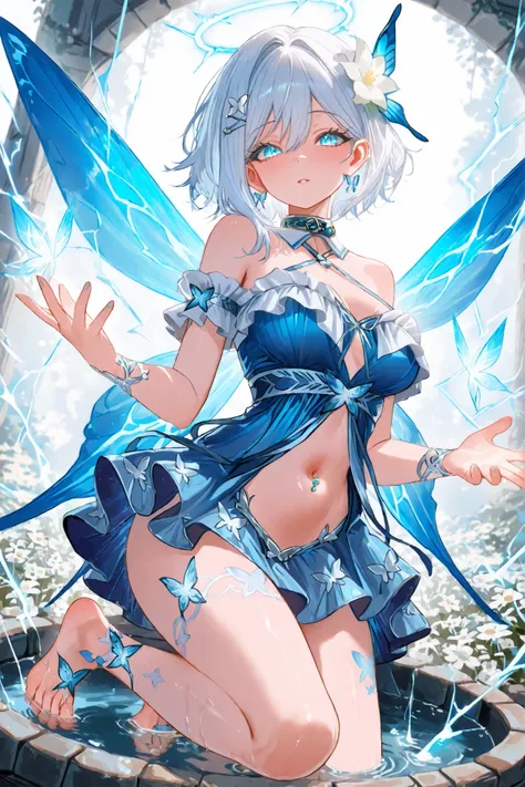 sexy off-the-shoulder dress, white and blue dress style may, bare shoulders, butterfly hair ornament, crisscross halter,blue wings, butterfly wings, thunder wings, fairy thunder wings, may style skirt, blue and white clothes, ruffled top, sensual dress, ha...