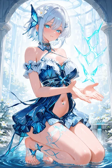 sexy off-the-shoulder dress, white and blue dress style may, bare shoulders, butterfly hair ornament, crisscross halter, may style skirt, blue and white clothes, ruffled top, sensual dress, hair flower, white flower, hair clip, halter neckline, leg tattoo,...