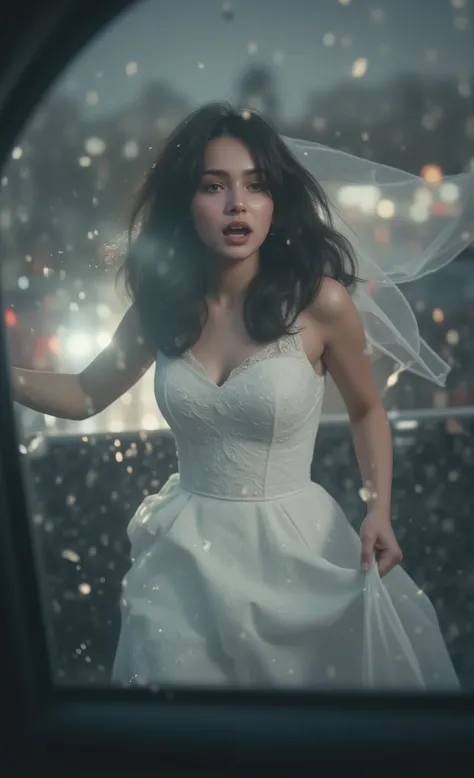 a view from inside the car, through the window, car-door interior details visible in foreground, a crying woman in wedding dress running, sprinting across a parking lot toward viewer's car, she has long black hair swayed, open mouth in silent scream, cryin...