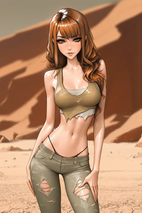 Michelle Trachtenberg, 20 year old woman,  1girl, skinny,  auburn brown hair, gray greenish eyes, eyeliner,   seductive, torn up baggy jeans, , sam yang, shirow masamune art style, masterpiece, best quality, very aesthetic, movie quality, depth of field, s...