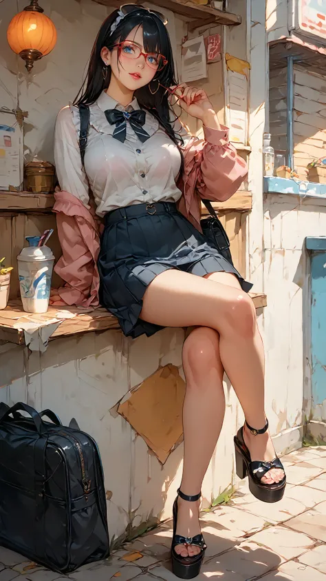 ((inspired by )),((inspired by Animation Style:1.5)),(masterpiece, best quality),beautiful, beautiful-woman, ((detailed face)).(full body:1.3).,
((black hair)), glasses, blue eyes, long hair, over-rim eye-wear,semi-rimless eye-wear, between eyes .(red-fra...