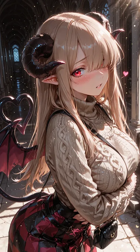 1girl , solo , Shy succubus girl , hair over one eye , Long straight hair , Red Eyes , glowing eyes , embarrassed , blush , scared , voluptuous , Dark Beige Turtleneck Knit Sweater , Checkered Long Flare Skirt , ( 1 crossbody bag: 1.4 )  , side glance , pa...