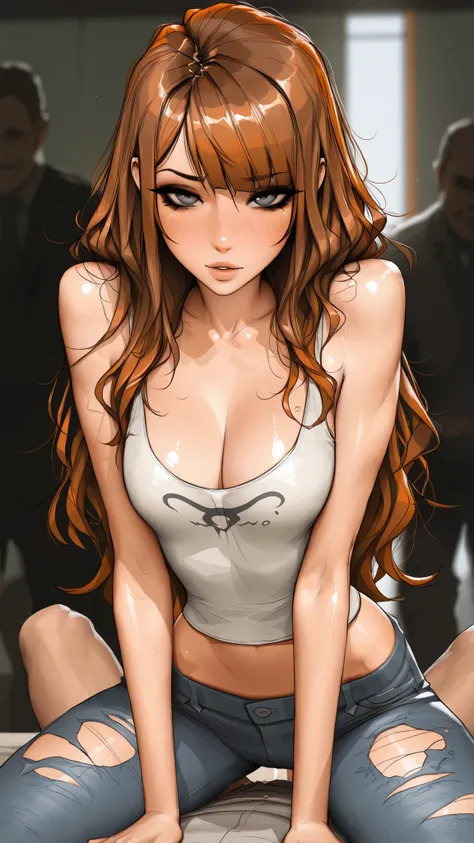 Michelle Trachtenberg, 20 year old woman,  1girl, skinny,  auburn brown hair, gray eyes, eyeliner,   seductive, torn up baggy jeans, , sam yang, shirow masamune art style, masterpiece, best quality, very aesthetic, movie quality, depth of field, soft satur...