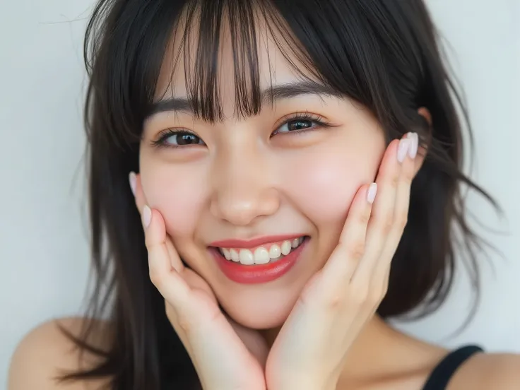 (Refined from an old photo, recreated in a modern, ultra high-quality photorealistic style, with a trendy Reiwa-era hairstyle: soft semi-long hair with natural waves and airy see-through bangs), 
Ultra photorealistic close-up portrait of a beautiful Japane...