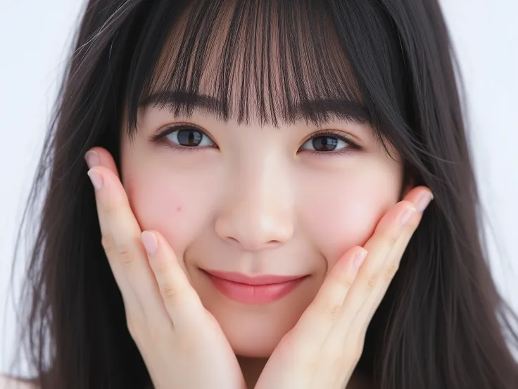 (Refined from an old photo, recreated in a modern, ultra high-quality photorealistic style, with a trendy Reiwa-era hairstyle: soft semi-long hair with natural waves and airy see-through bangs),
Ultra photorealistic close-up portrait of a beautiful Japane...