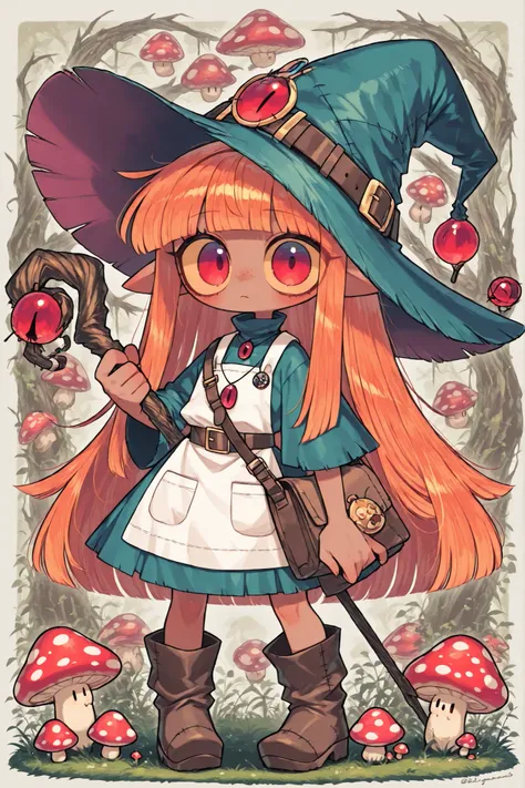 (edanoma_meu_illu,)Cute Chibi Fungi Witch. She has a petite build and flat chest, she is shorty. She has dark tanned skin, covered with freckles. She has big long pointy-ears. She has yellow-amber sclera and red eyes. She has straight longest orange hair w...