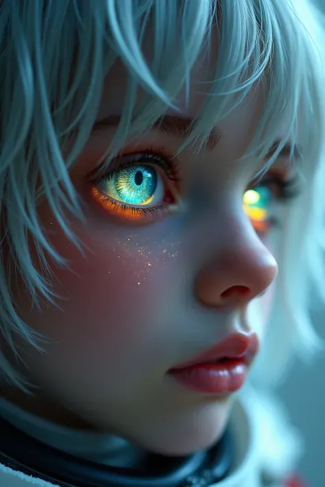 (Close-up of an excellent masterpiece:1.5)0.9]，(Space and astronauts:1.2) (Messy silver hair:1.1) (Heterochromatic eyes, yellow, blue eyes:1.2) (Casque spatial:1.0) (with colored stars in the eye:1.0) (Dazzling light:1.1) (Thick lip:0.9)