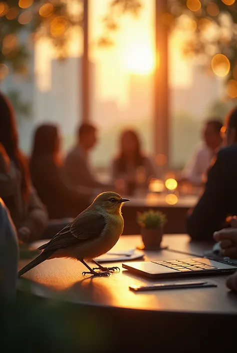 A mesmerizing close-up portrait of a gorgeous little bird illuminated by the soft, golden light of a tranquil morning, with vibrant bokeh balls gently framing its delicate form.A highly realistic, professional photograph of a vibrant business networking ev...