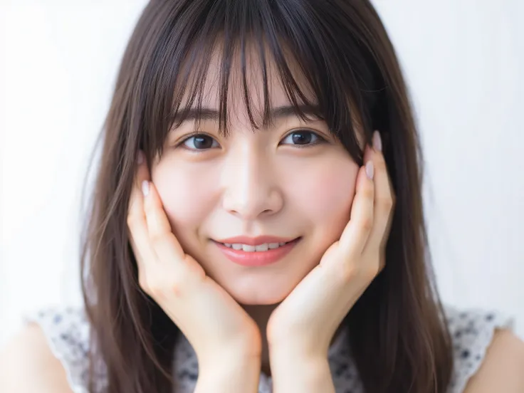 (Refined from an old photo, recreated in a modern, ultra high-quality photorealistic style, with a trendy Reiwa-era hairstyle: soft semi-long hair with natural waves and airy see-through bangs),
Ultra photorealistic close-up portrait of a beautiful Japane...