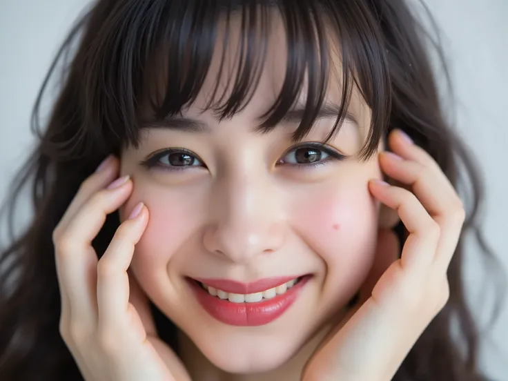 (Refined from an old photo, recreated in a modern, ultra high-quality photorealistic style, with a trendy Reiwa-era hairstyle: soft semi-long hair with natural waves and airy see-through bangs), 
Ultra photorealistic close-up portrait of a beautiful Japane...