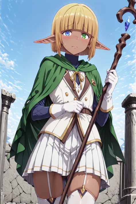 (masterpiece), (top quality, very aesthetic, sharp focus), 1boy, solo, ((mare bello fiore)), short hair, bangs, blue eyes, blonde hair, green eyes, pointed ears, blunt bangs, heterochromia, elf, ((otoko no ko)), dark elf, (pleated skirt), thigh-high stocki...