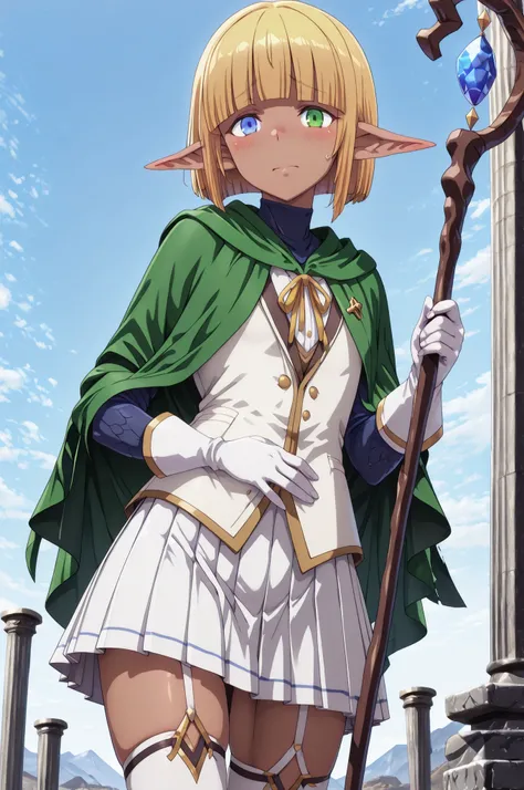 (masterpiece), (top quality, very aesthetic, sharp focus), 1boy, solo, ((mare bello fiore)), short hair, bangs, blue eyes, blonde hair, green eyes, pointed ears, blunt bangs, heterochromia, elf, ((otoko no ko)), dark elf, (pleated skirt), thigh-high stocki...