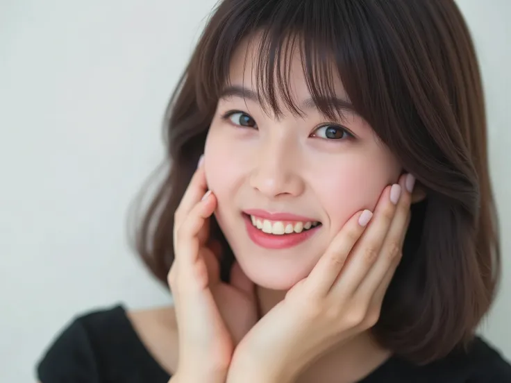 (Refined from an old photo, recreated in a modern, ultra high-quality photorealistic style, with a trendy Reiwa-era hairstyle: soft semi-long hair with natural waves and airy see-through bangs), 
Ultra photorealistic close-up portrait of a beautiful Japane...