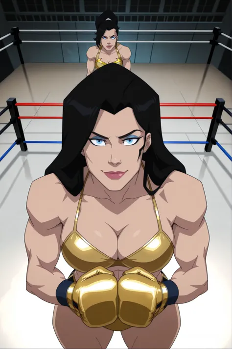 BREAK, score_6_up, score_7_up, score_8_up, score_9, 1girl, solo, long hair, blue eyes, black hair, bare shoulders, blue eyes, muscular female, midriff, bare shoulders, lipstick, makeup, wwBl00d, very large breasts, busty, cleavage, curvy, athletic, looking...