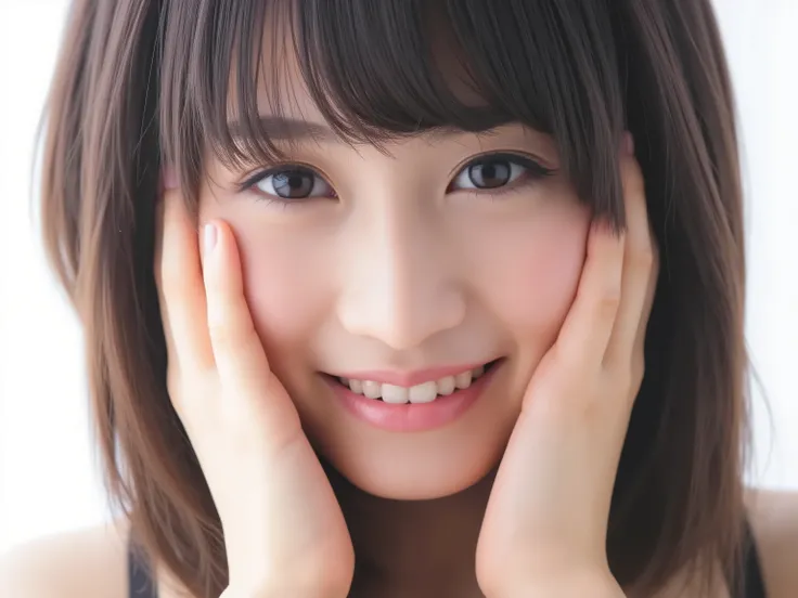 (Refined from an old photo, recreated in a modern, ultra high-quality photorealistic style, with a trendy Reiwa-era hairstyle: soft semi-long hair with natural waves and airy see-through bangs), 
Ultra photorealistic close-up portrait of a beautiful Japane...