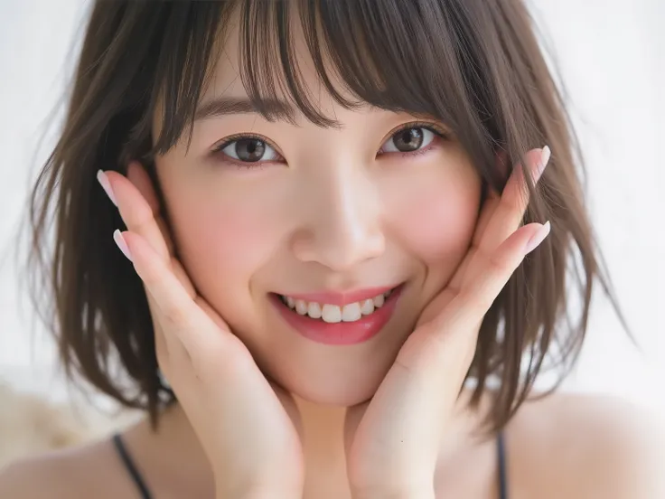(Refined from an old photo, recreated in a modern, ultra high-quality photorealistic style, with a trendy Reiwa-era hairstyle: soft semi-long hair with natural waves and airy see-through bangs), 
Ultra photorealistic close-up portrait of a beautiful Japane...