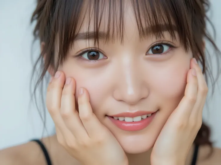 (Refined from an old photo, recreated in a modern, ultra high-quality photorealistic style, with a trendy Reiwa-era hairstyle: soft semi-long hair with natural waves and airy see-through bangs), 
Ultra photorealistic close-up portrait of a beautiful Japane...