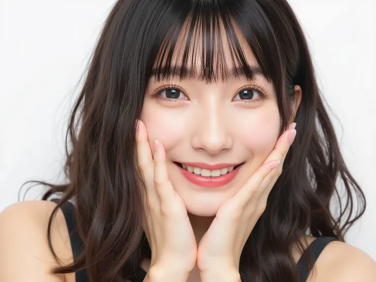 (Refined from an old photo, recreated in a modern, ultra high-quality photorealistic style, with a trendy Reiwa-era hairstyle: soft semi-long hair with natural waves and airy see-through bangs), 
Ultra photorealistic close-up portrait of a beautiful Japane...