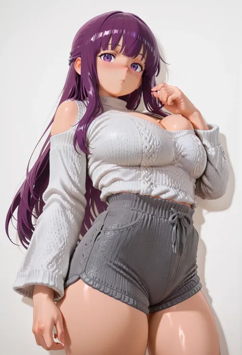 masterpiece, ,amazing thighs、long hair, purple hair、、fern、,, standing, posing, white background, empty background, VIEW FROM BELOW, DYNAMIC POSE
,, STANDING, shiny skin, shiny hair, shiny body, clear bo...