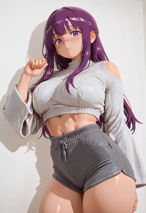 masterpiece, ,amazing thighs、long hair, purple hair、、fern、,, standing, posing, white background, empty background, VIEW FROM BELOW, DYNAMIC POSE
,, STANDING, shiny skin, shiny hair, shiny body, clear bo...