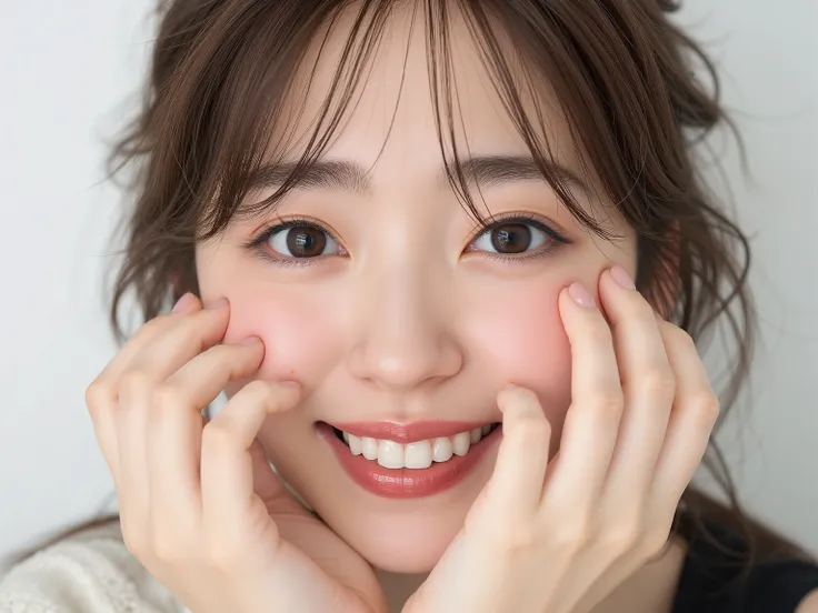 (Refined from an old photo, recreated in a modern, ultra high-quality photorealistic style, with a trendy Reiwa-era hairstyle: soft semi-long hair with natural waves and airy see-through bangs),
Ultra photorealistic close-up portrait of a beautiful Japane...