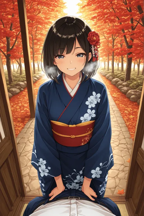 Woman in Japanese Kimono,和服, kimono,黒髪ロング,early 40s woman,early 30s man ,神社の境内 ,秋の紅葉, ultra-aesthetic, anime style, smile,{best quality}, {very aesthetic}, {ultra-detailed}, {best illustration},nsfw,秋,{{紅葉}},こちらを向く,胸をはだけずきちんと着物を着る, girl, being invited, aut...