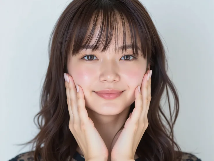 (Refined from an old photo, recreated in a modern, ultra high-quality photorealistic style, with a trendy Reiwa-era hairstyle: soft semi-long hair with natural waves and airy see-through bangs),
Ultra photorealistic close-up portrait of a beautiful Japane...